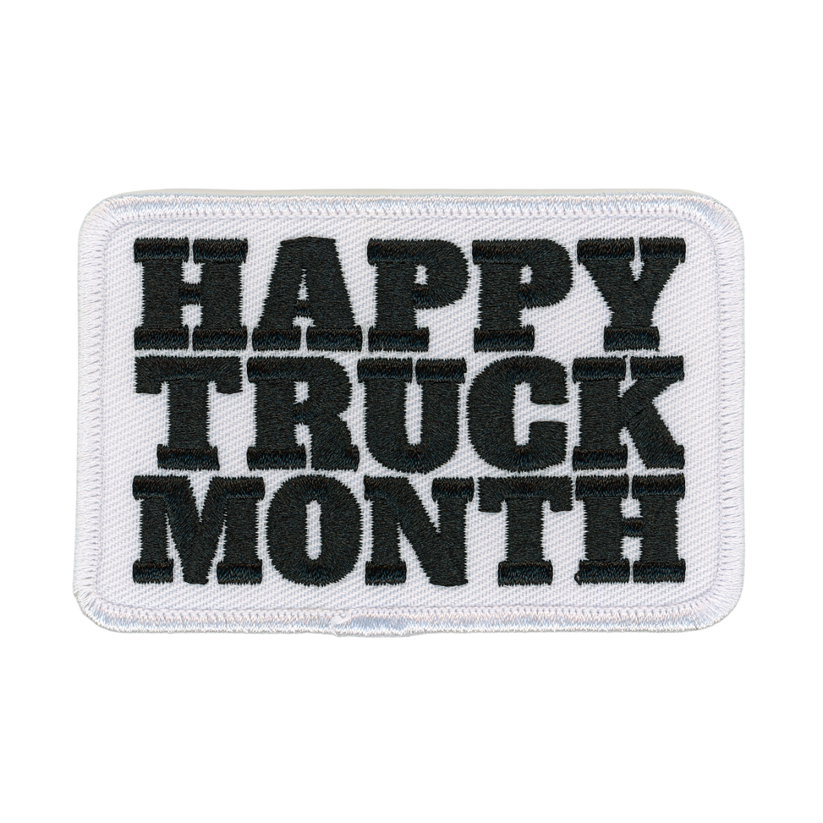 Embroidered Happy Truck Month patch with black text on a white background