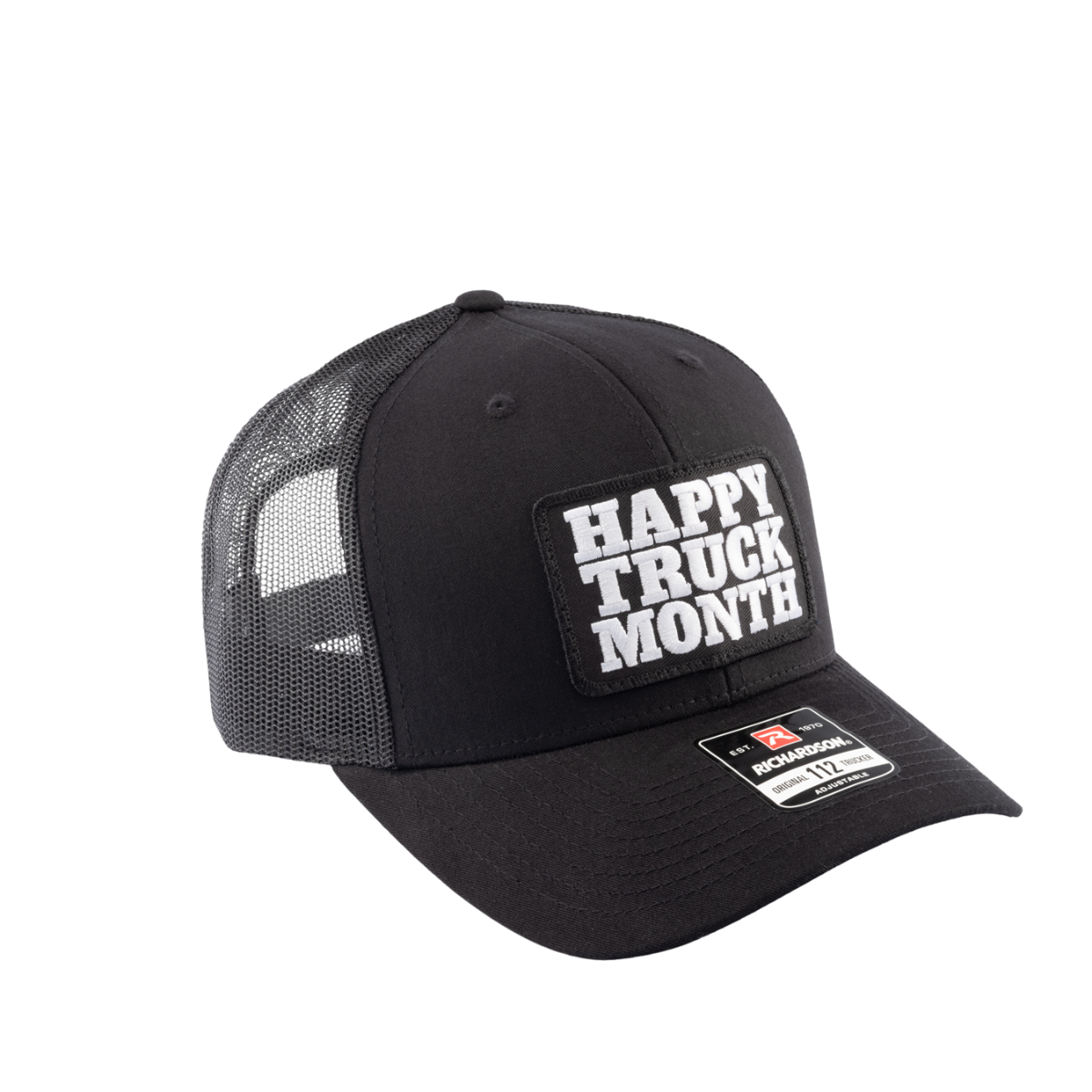 Black trucker hat with Happy Truck Month patch on a white background