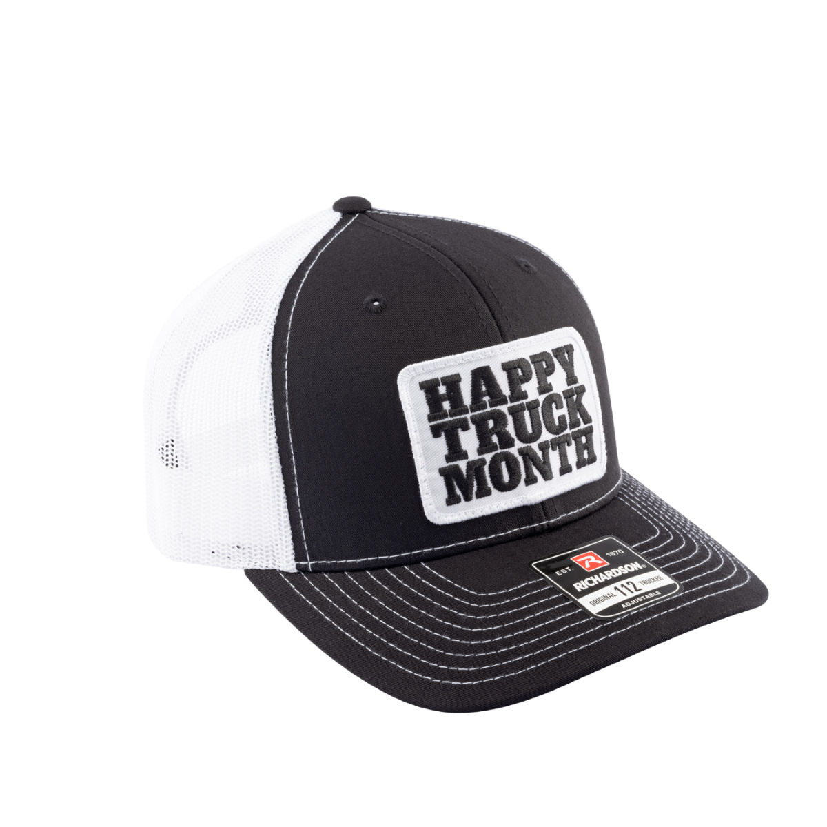 Black and white trucker hat with Happy Truck Month patch on a white background