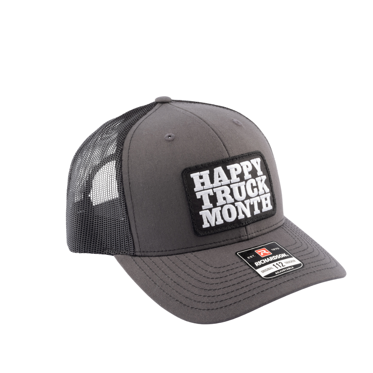Charcoal gray trucker hat with Happy Truck Month patch on a white background