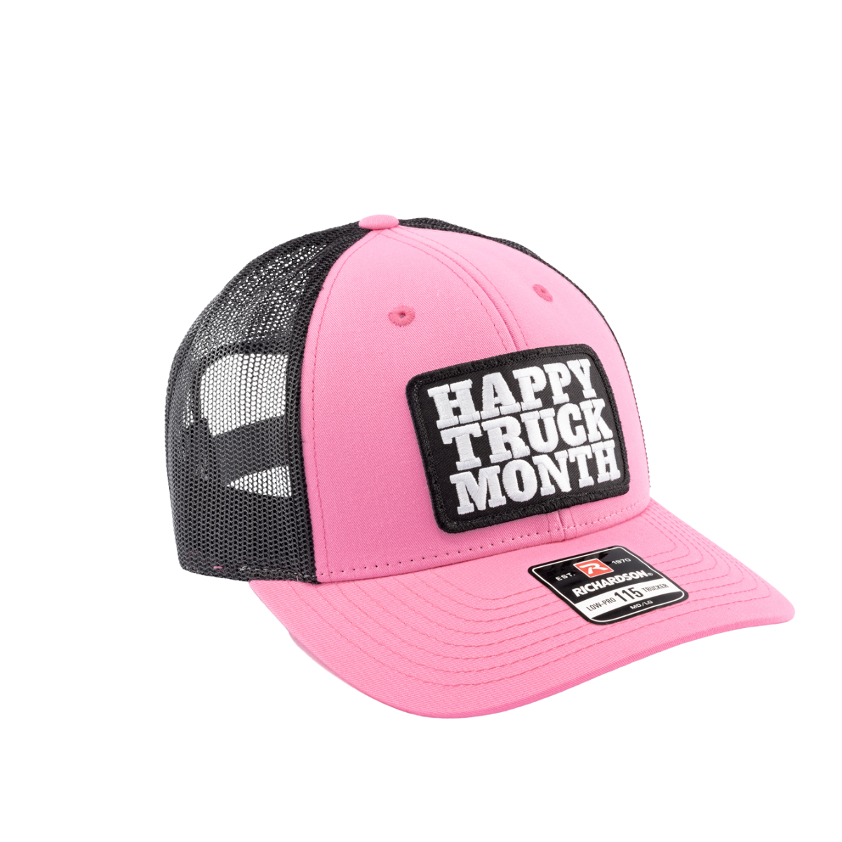 Pink and black trucker hat with Happy Truck Month patch on a white background