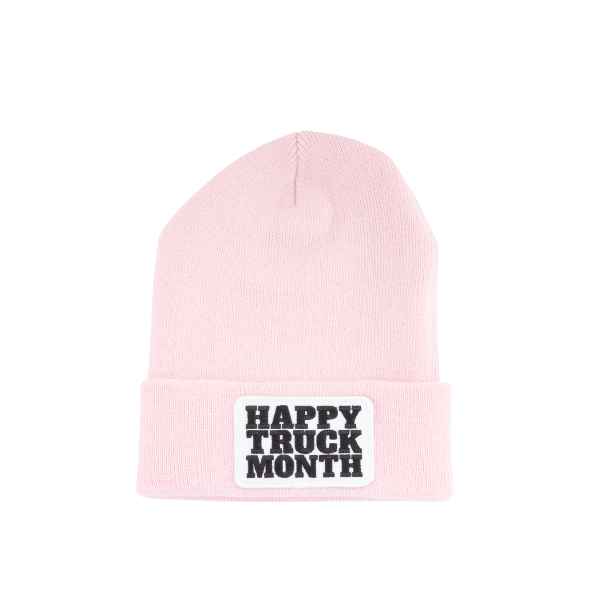 Pink knit beanie with a folded brim and a front Happy Truck Month patch on a white background