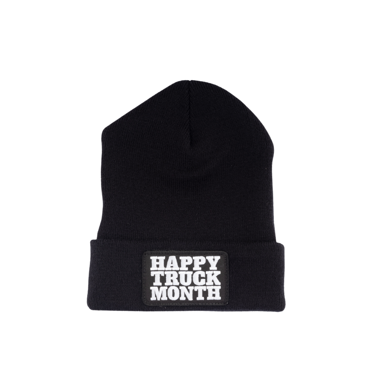 Black knit beanie with a folded brim and a front Happy Truck Month patch on a white background