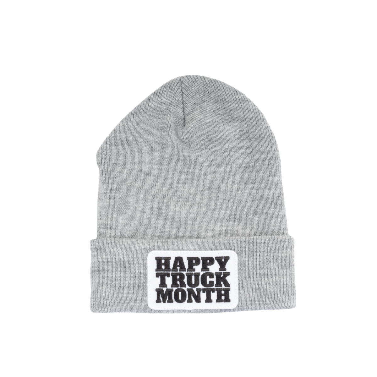 Gray knit beanie with a folded brim and a front Happy Truck Month patch on a white background