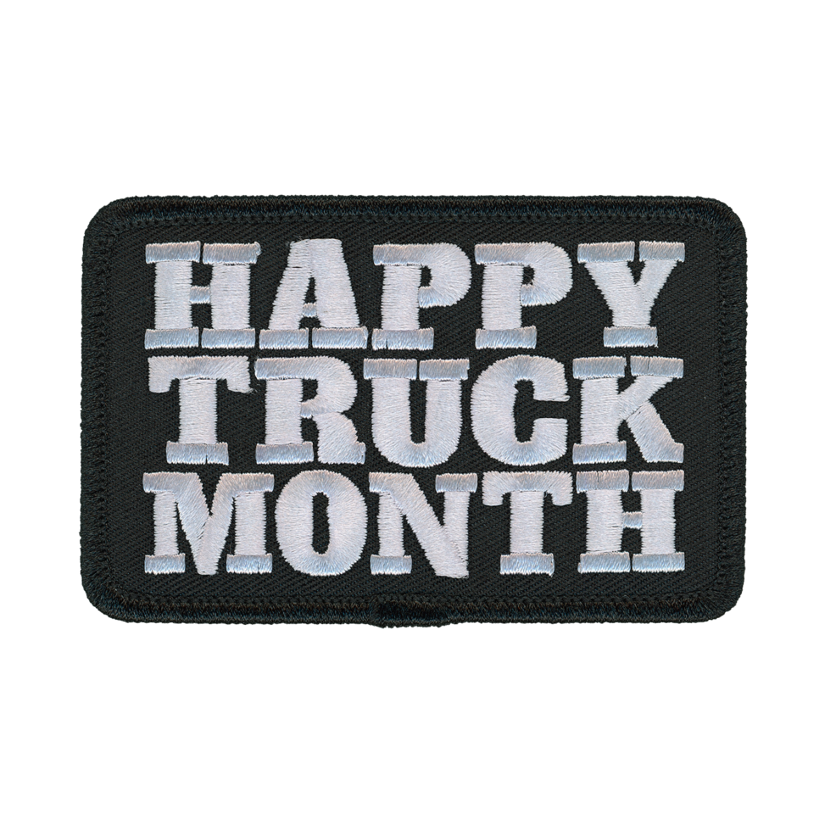 Embroidered Happy Truck Month patch with white text on a black background
