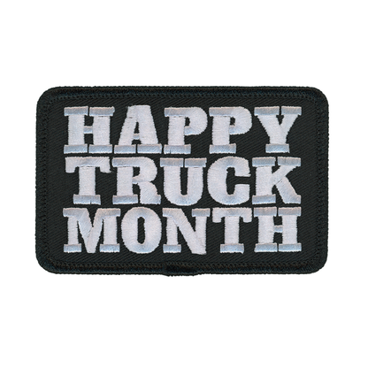 Embroidered Happy Truck Month patch with white text on a black background
