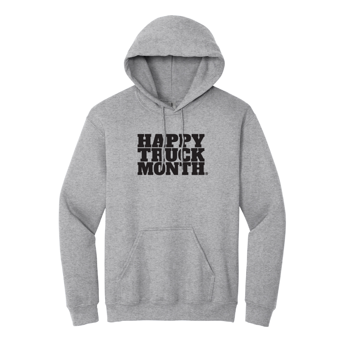 Gray Happy Truck Month hoodie with black logo text on a white background