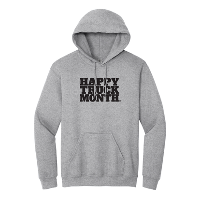Gray Happy Truck Month hoodie with black logo text on a white background
