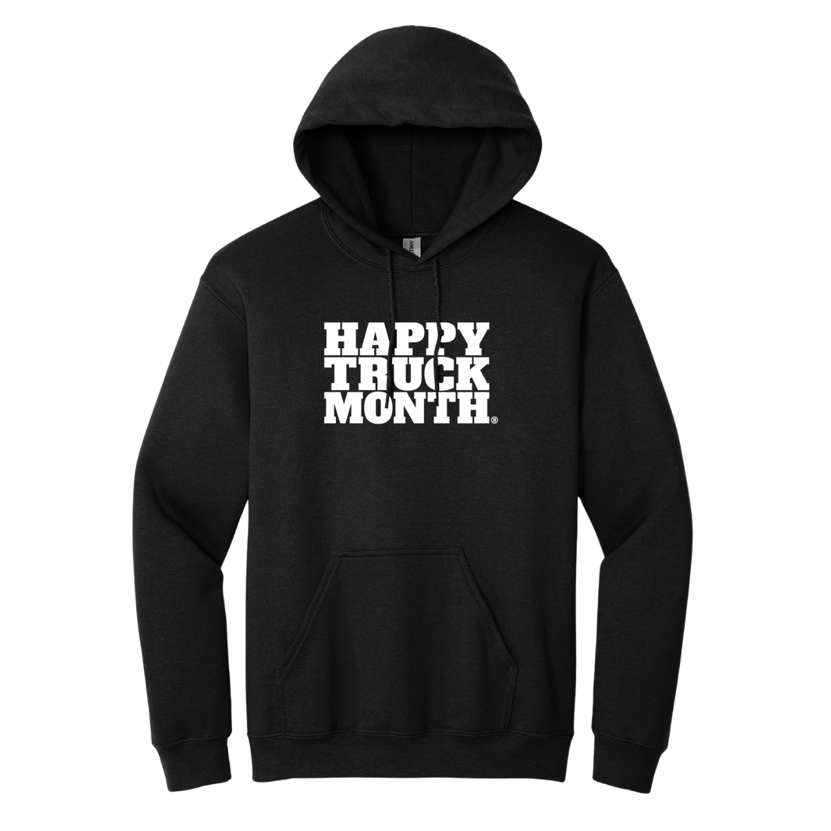 Black Happy Truck Month hoodie with white logo text on a white background
