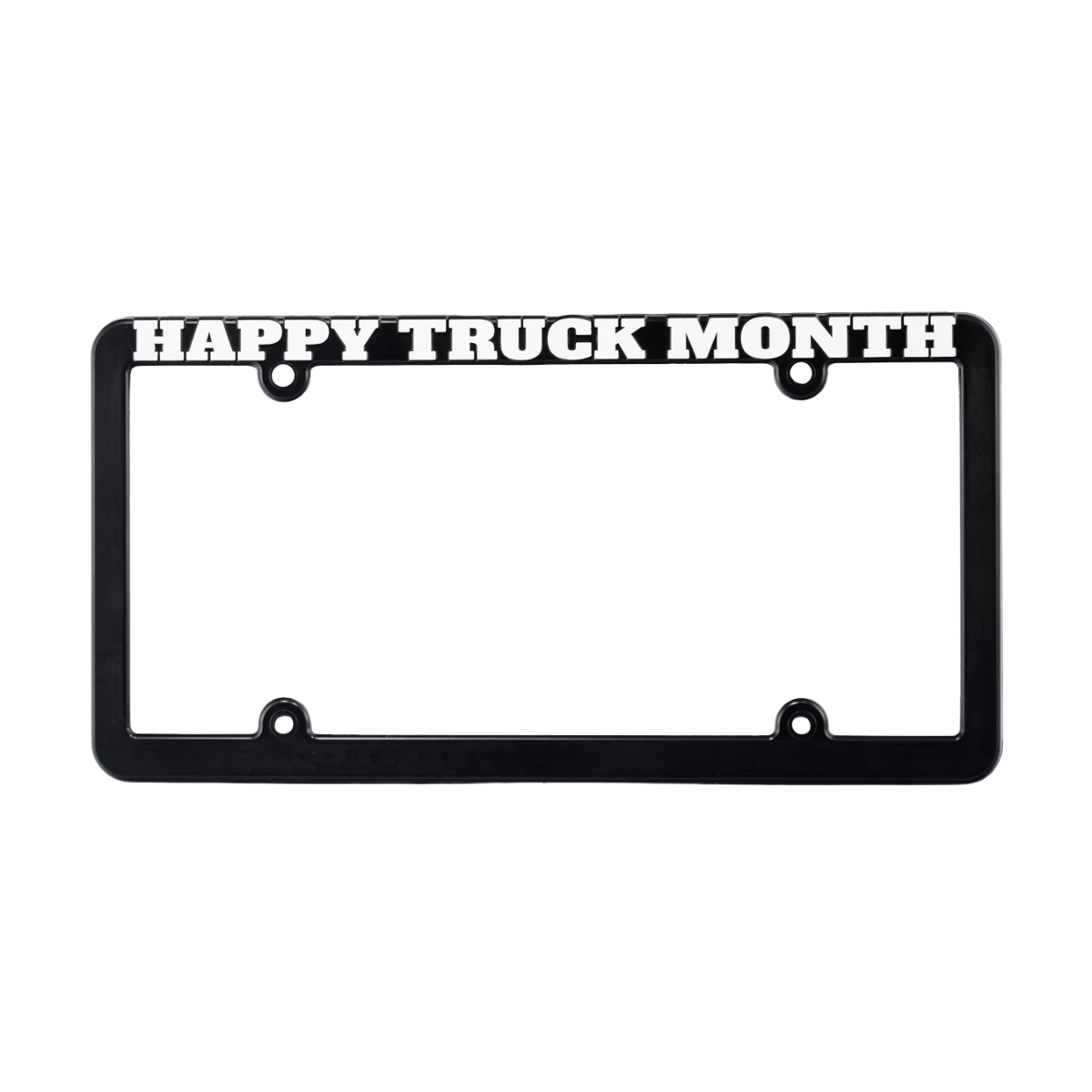 Black Happy Truck Month license plate frame with white logo text