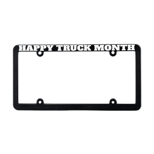 Black Happy Truck Month license plate frame with white logo text