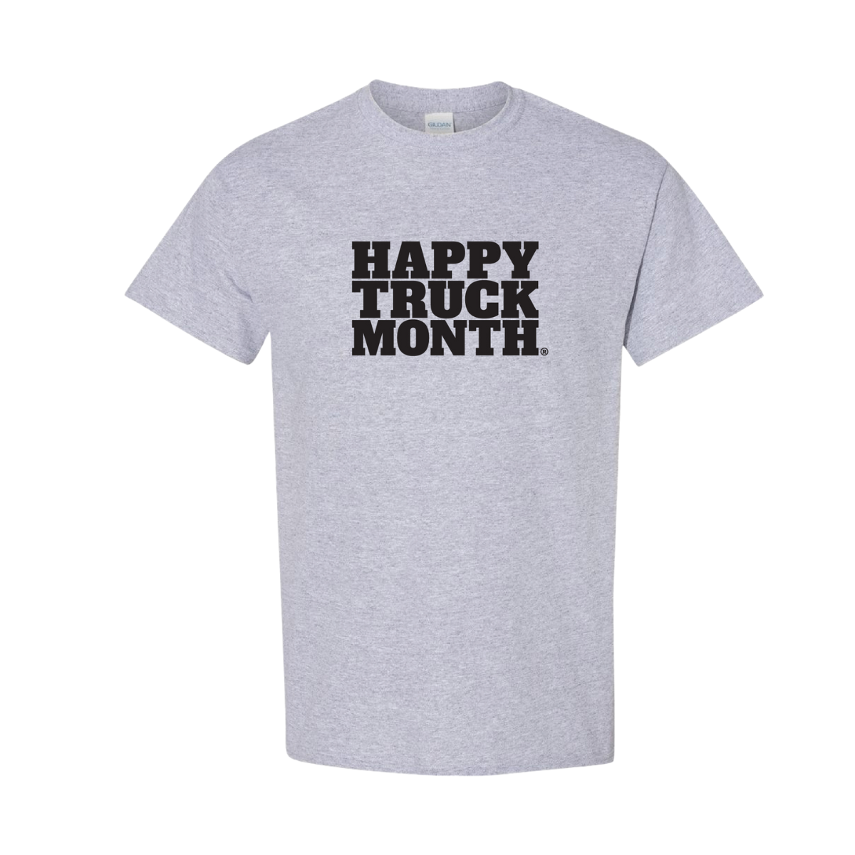 Gray Happy Truck Month t-shirt with black logo text on a white background