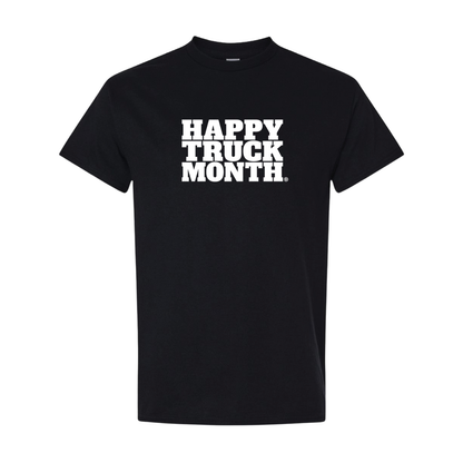 Black Happy Truck Month t-shirt with white logo text on a white background
